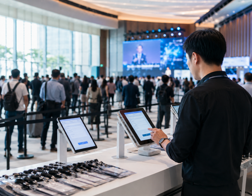 Large-scale seminar attendees using digital e-registration kiosks at a modern conference venue, with event staff assisting check-in and crowds entering the seminar hall.