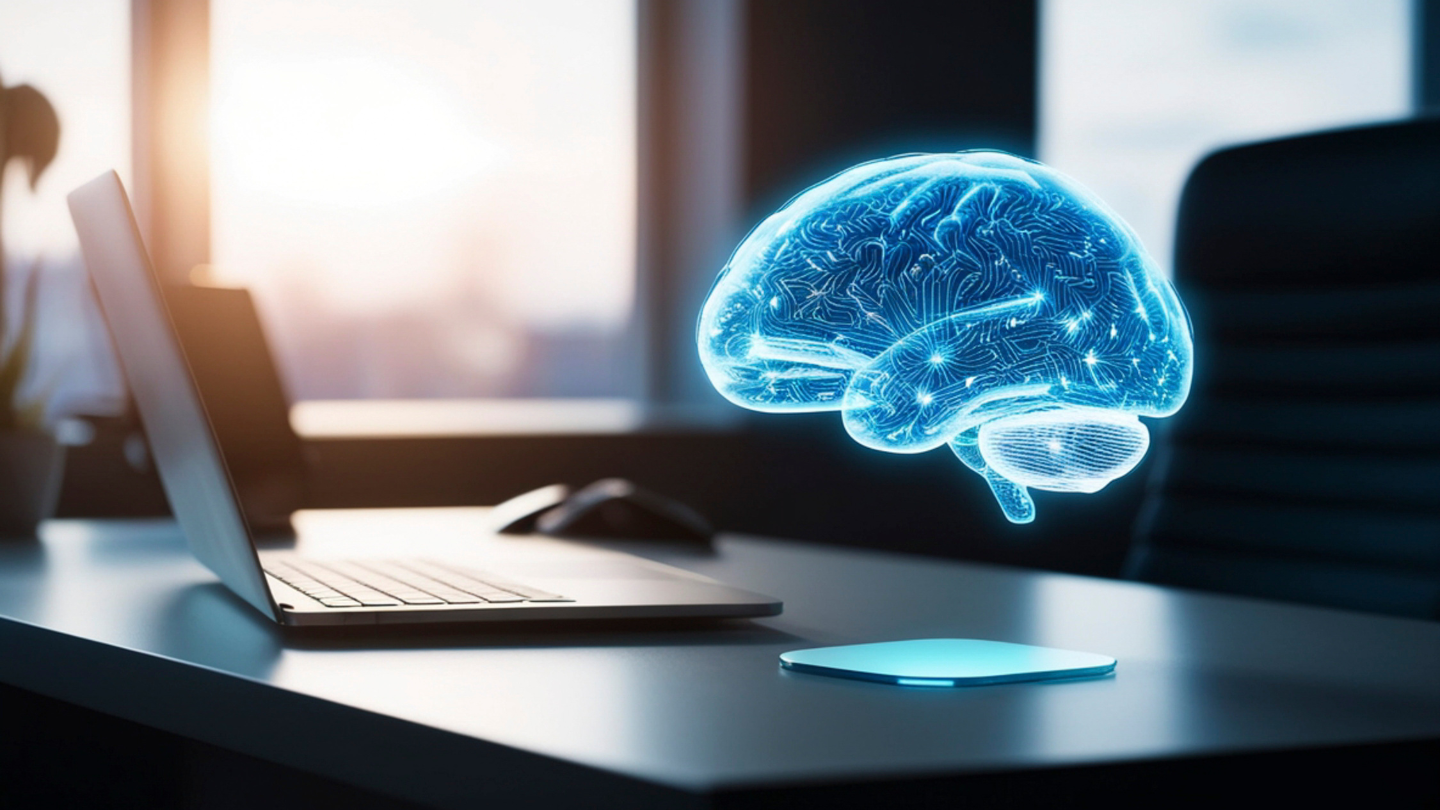 A holographic human brain floats over a laptop on a desk at sunset, symbolizing machine intelligence. This image illustrates the technological foundation for discussing the topic: "AI Generate, Assistant, and Agent: What’s the difference?
