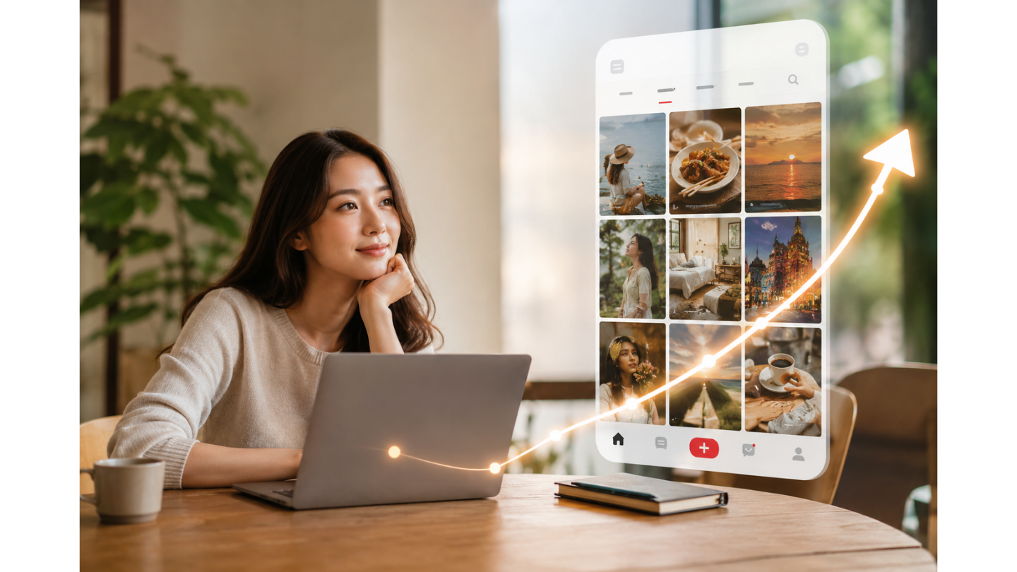 a thoughtful woman at a laptop in a café, with a transparent digital interface floating beside her. This interface shows a grid of lifestyle and aesthetic photos and navigation icons, representing the Xiaohongshu "Explore Page" feed. An overlaid rising growth arrow graph, complete with glowing data points, indicates success in leveraging the platform's algorithm.