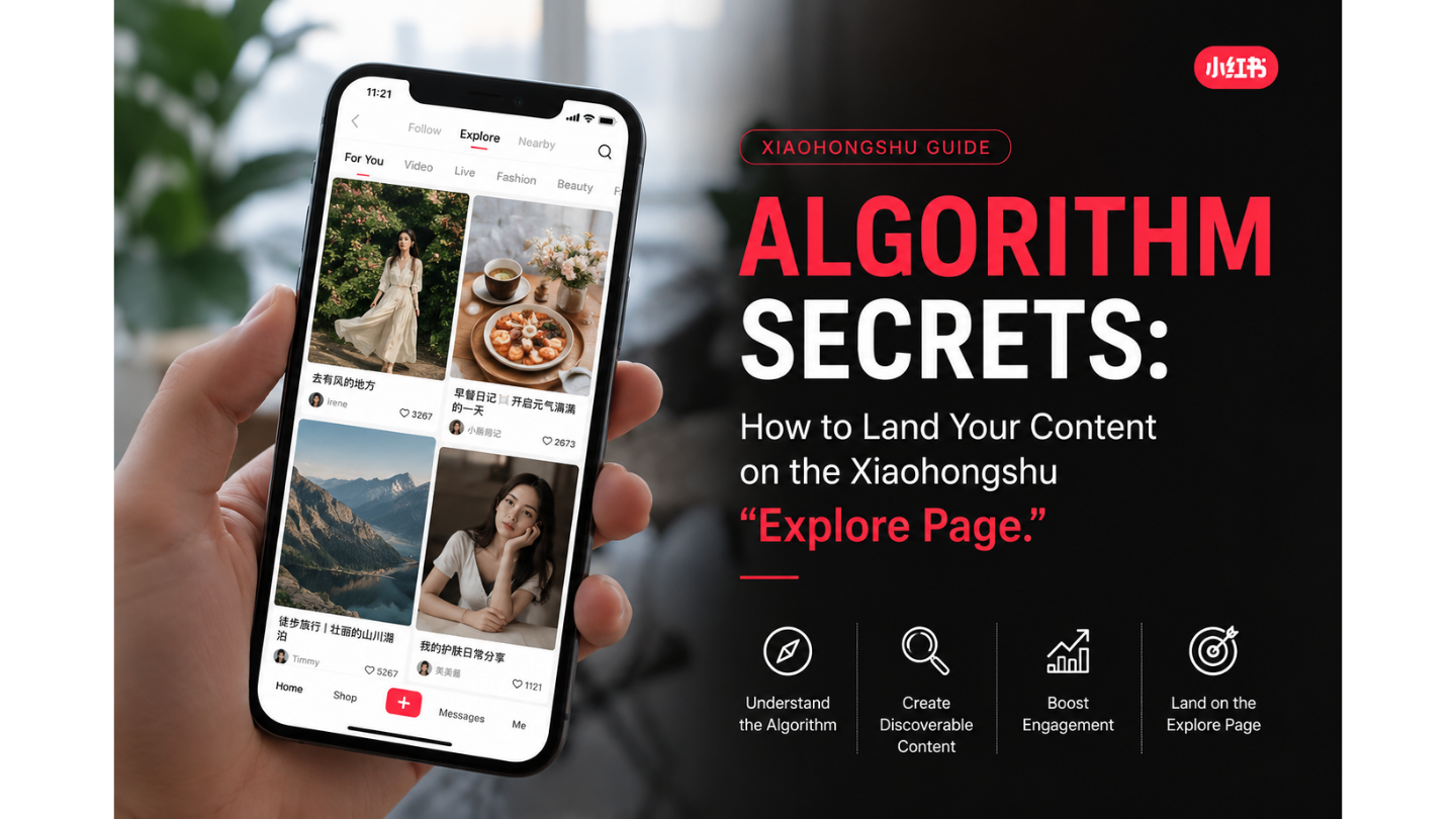 A person holding a smartphone showing the Xiaohongshu (Little Red Book) app 'Explore' feed. Large red and white text on the right proclaims, 'XIAOHONGSHU GUIDE / ALGORITHM SECRETS: How to Land Your Content on the Xiaohongshu "Explore Page."' A red app logo is in the top right. Below the title, four step-by-step icons and labels guide the user: 'Understand the Algorithm', 'Create Discoverable Content', 'Boost Engagement', and 'Land on the Explore Page'. The background is softly blurred.