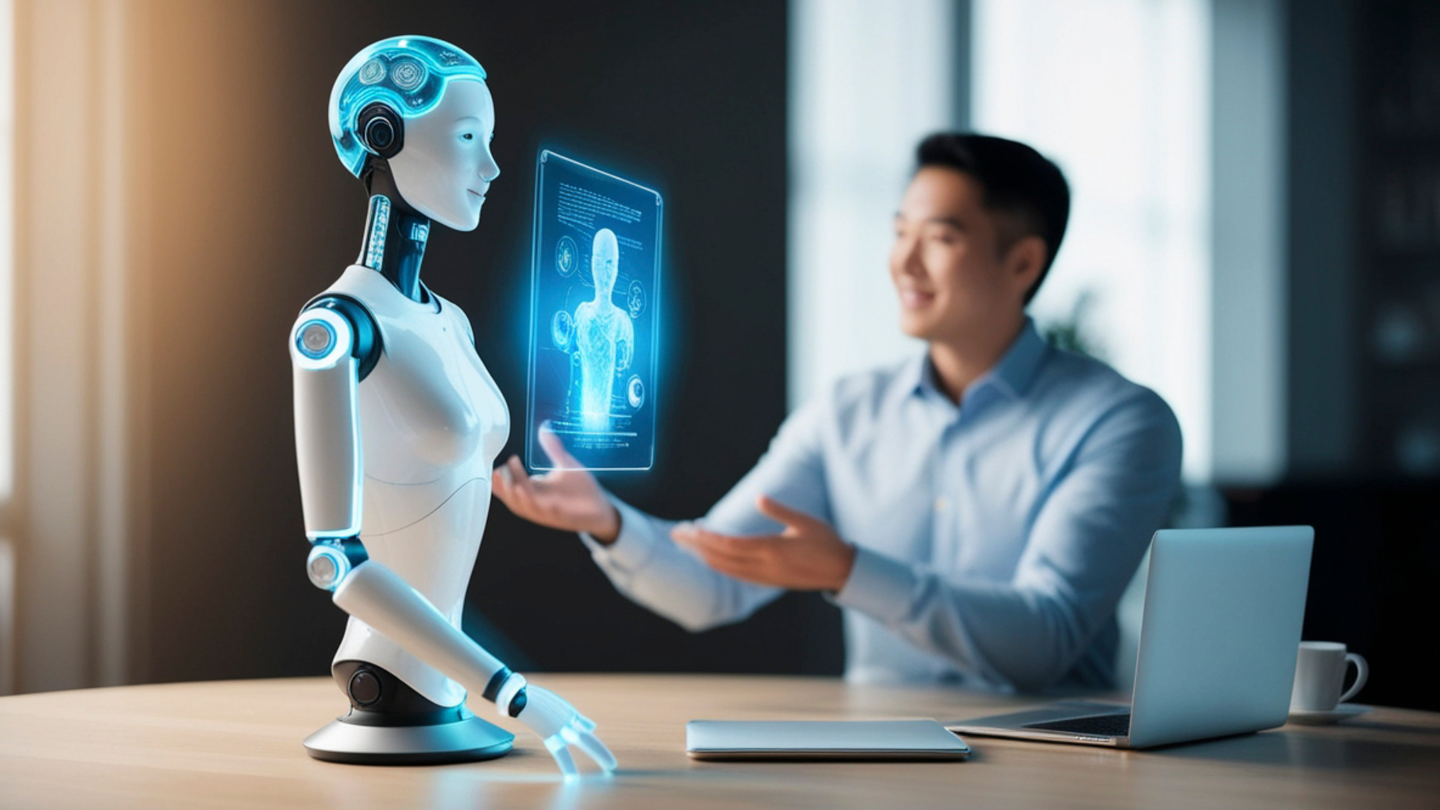 A futuristic white AI robot sitting at a desk projecting a blue holographic display to a smiling business professional, illustrating the operational value and interactive potential of digital mascots in the modern IP economy.