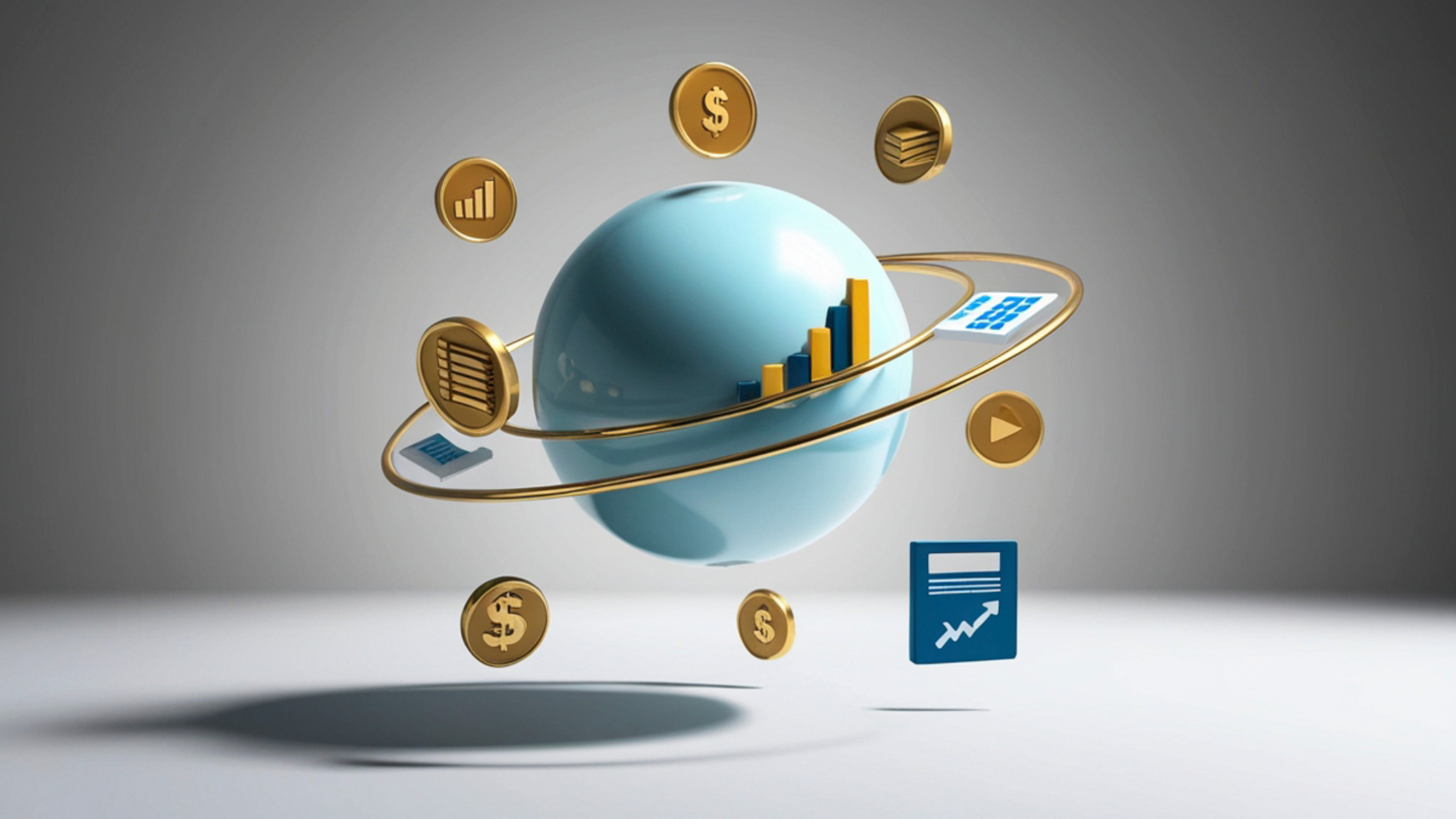 3D conceptual illustration representing asset valuation in the IP economy, featuring a central digital sphere orbited by golden rings, dollar signs, and growth charts, symbolizing how AI mascots and digital assets generate diverse revenue streams.