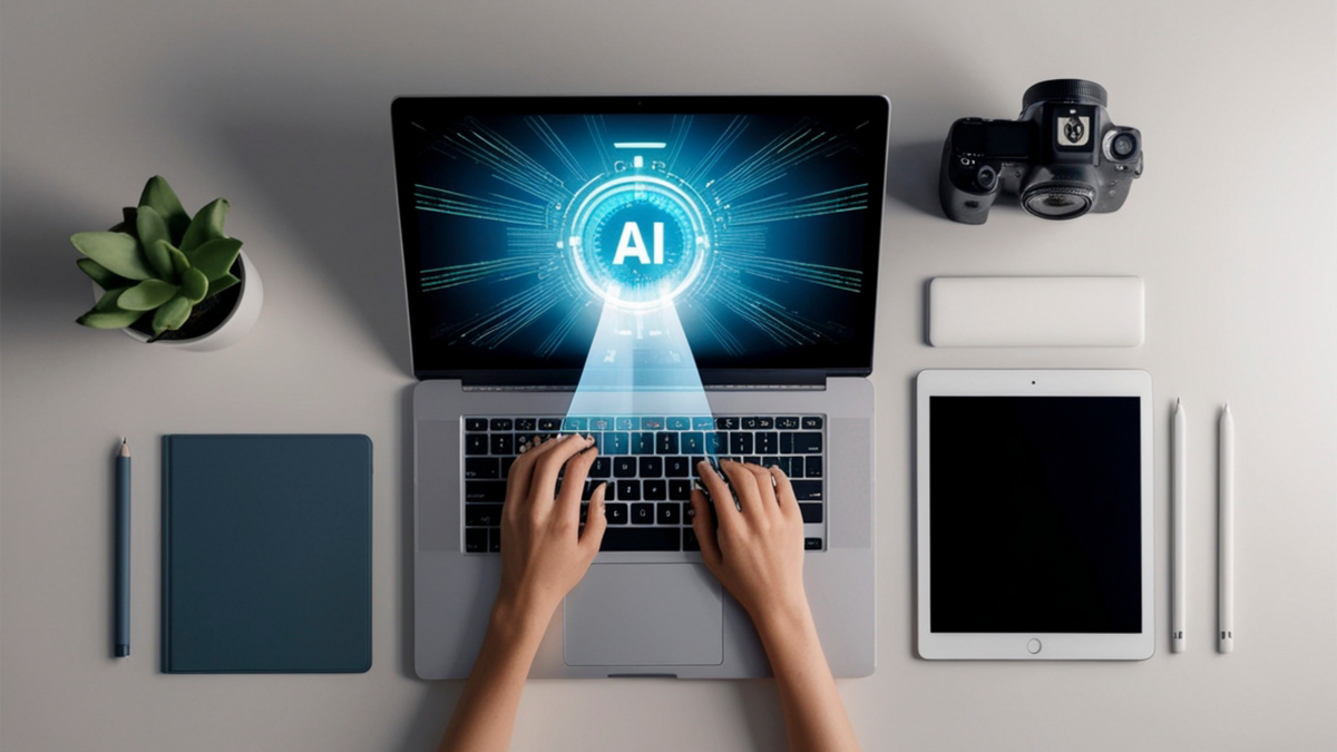 A flat-lay photograph of a desk with digital tools including a tablet and camera, centered on a laptop screen displaying an 'AI' symbol, representing the hands-on, pragmatic application of AI technology.