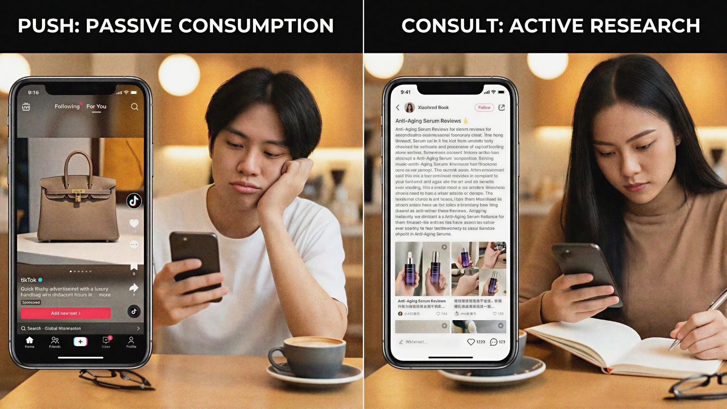 A side-by-side comparison illustrating Beyond TikTok & Instagram: Why Smart Brands Are Investing in Xiaohongshu Now. The left side, titled 'PUSH: PASSIVE CONSUMPTION,' shows a user scrolling through a TikTok ad. The right side, titled 'CONSULT: ACTIVE RESEARCH,' shows a user taking notes while studying detailed product reviews on Xiaohongshu, highlighting the platform's high-intent audience.
