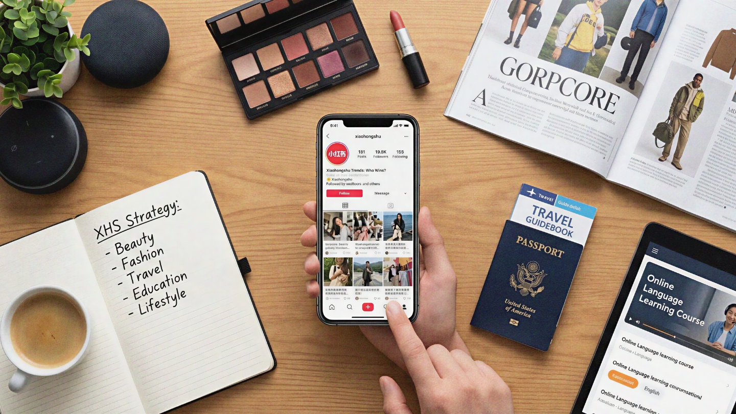 Workspace flat lay with a smartphone showing Xiaohongshu and a notebook outlining a marketing strategy for beauty, travel, and education, illustrating why smart brands are investing in Xiaohongshu now beyond traditional social media.
