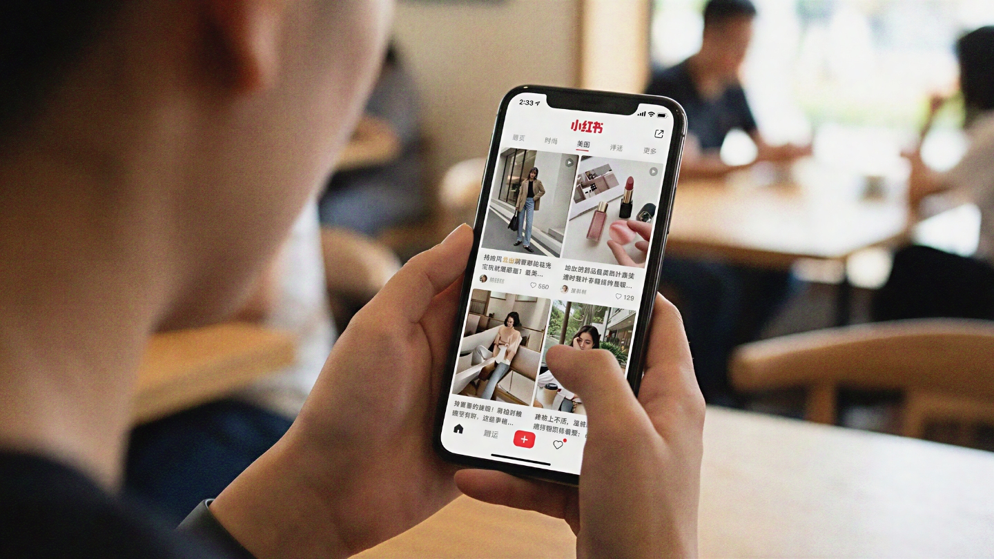 A user browsing fashion and beauty content on Xiaohongshu in a real-world setting, highlighting the platform's influence Beyond TikTok & Instagram: Why Smart Brands Are Investing in Xiaohongshu Now.
