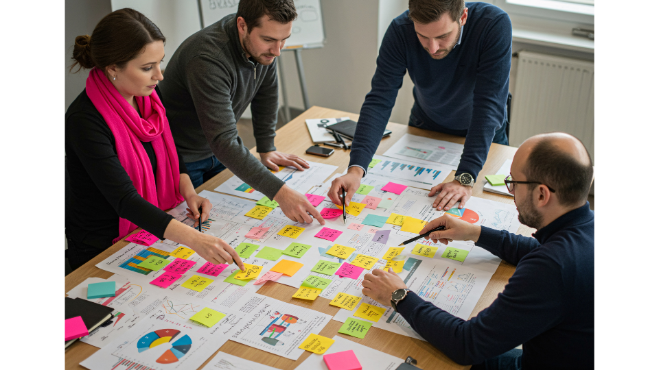 Marketing professionals pointing at charts on a presentation screen, demonstrating a Data-Driven Marketing approach to stop guessing what customers want and let data lead the way