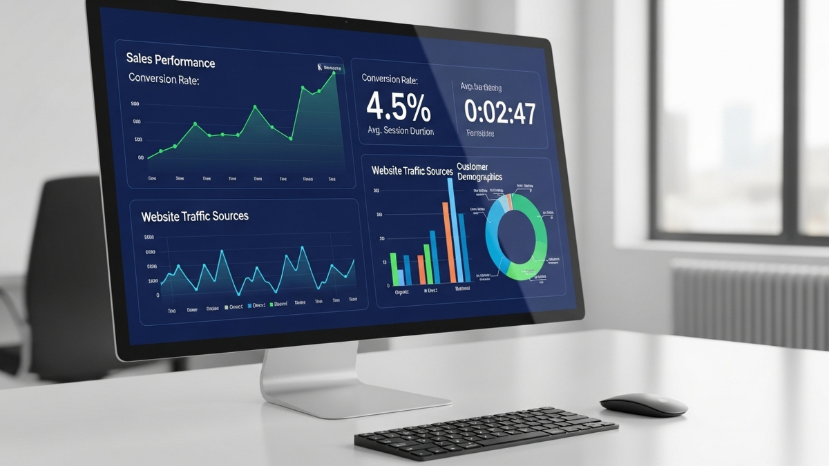 Modern performance dashboard on a desktop monitor showing sales trends, conversion rate, traffic sources, and demographics, demonstrating data storytelling that turns spreadsheets into powerful visual insights