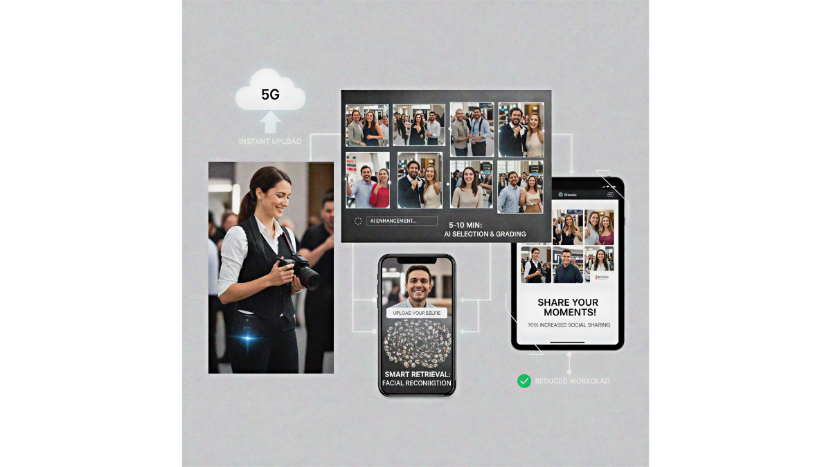 An infographic detailing the Real-time AI Cloud Photography process: a photographer captures an image which is instantly uploaded via 5G to the cloud. The system then performs AI enhancement, selection, and grading within 5-10 minutes, followed by 'Smart Retrieval' using facial recognition so guests can find and share their moments immediately via smartphone.