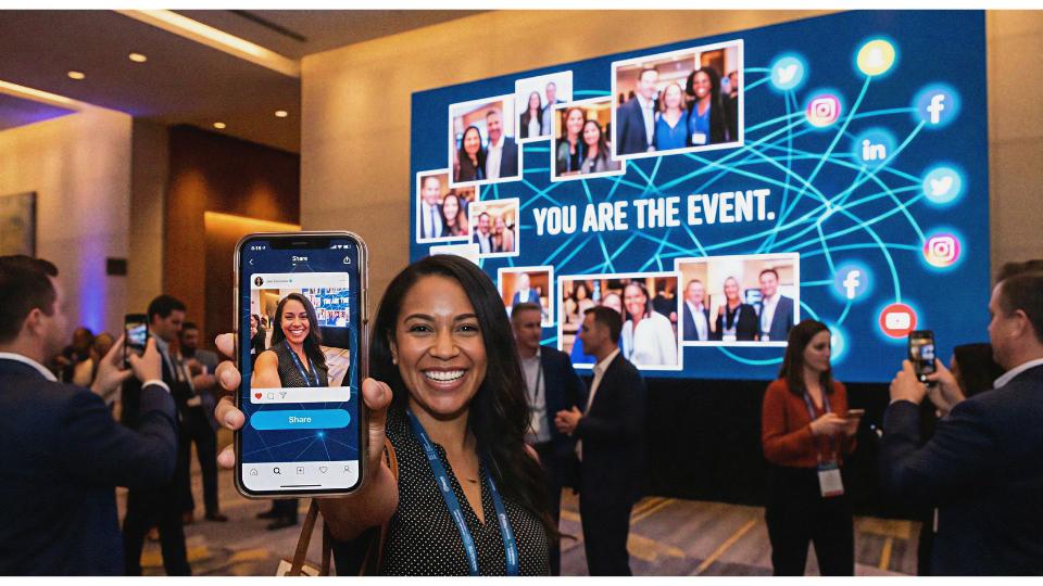 A detailed infographic illustrating the Real-time AI Cloud Photography workflow: a photographer's camera sends photos via instant 5G upload to the cloud for AI enhancement, selection, and grading. The process features 'Smart Retrieval' through facial recognition, enabling guests to find and share their personalized moments on mobile devices with reduced workload for the event staff.