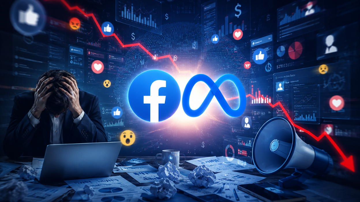 Facebook and Meta advertising dashboard showing declining ad performance, falling conversion metrics, negative engagement, and reduced return on investment (ROI).