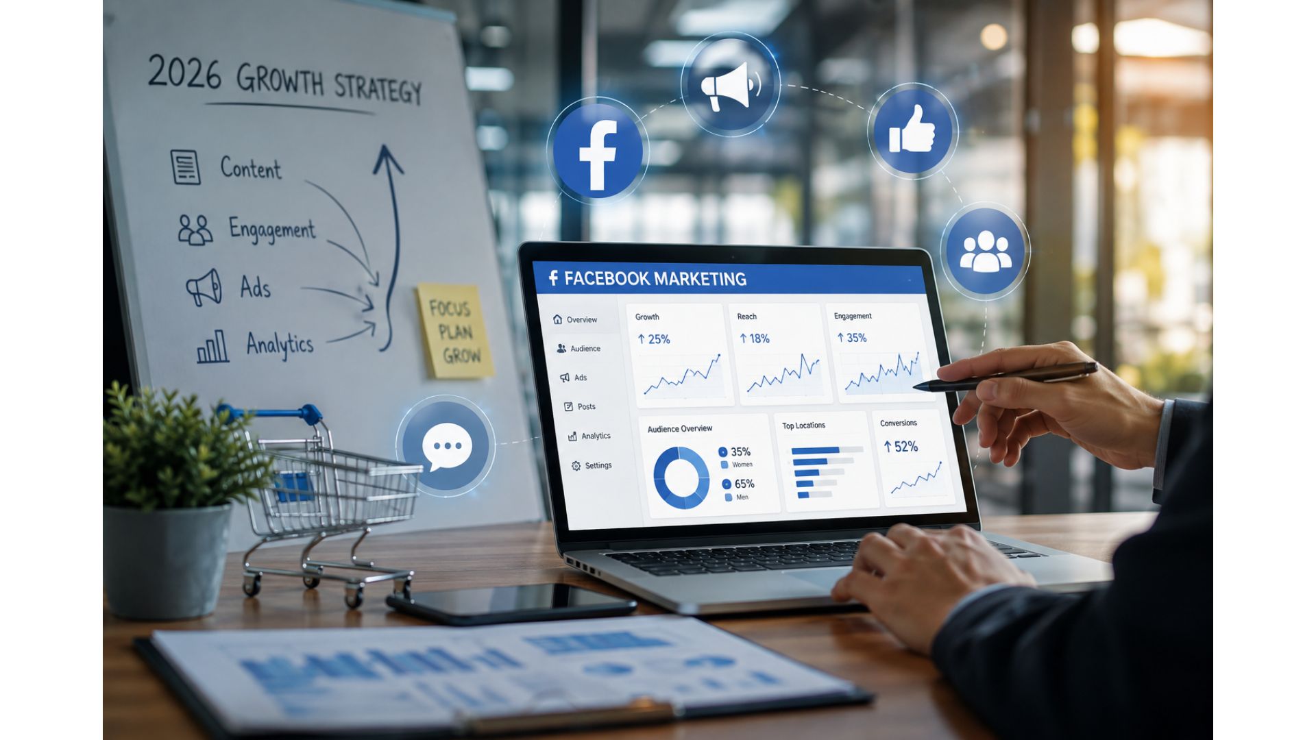 Facebook marketing strategy dashboard showing growth, engagement, audience insights, and advertising analytics for small businesses in 2026.