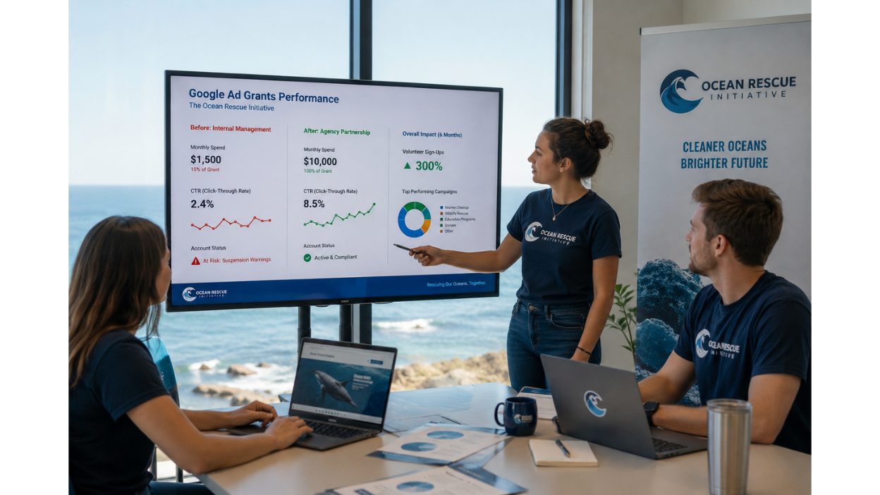 A professional nonprofit marketing team presenting Google Ad Grants optimization results during a strategy meeting in a modern oceanfront office. A digital performance dashboard on a large screen displays improved CTR metrics, increased ad spend utilization, and volunteer growth for the Ocean Rescue Initiative. Team members collaborate around laptops and campaign reports, creating a realistic corporate atmosphere focused on data-driven nonprofit advertising success.