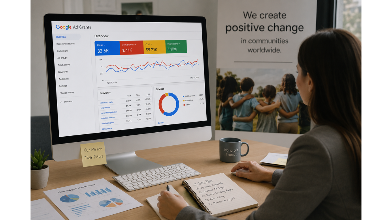 A professional woman managing a Google Ad Grants campaign in a modern office, analyzing nonprofit marketing performance data and optimization metrics on a desktop dashboard to improve digital impact and campaign effectiveness.