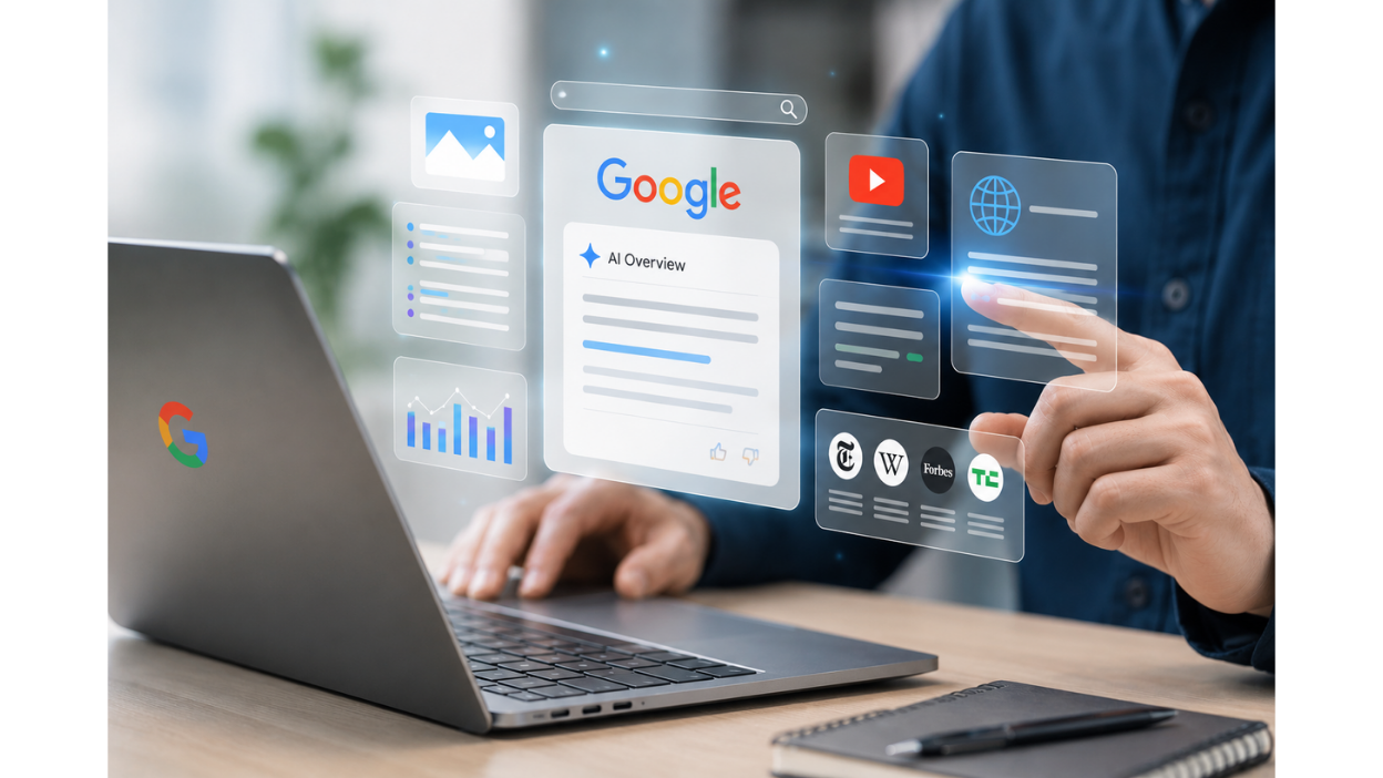 places the exact phrase Google's Latest AI Overviews right at the beginning to catch both the search engine's algorithms and the reader's eye.