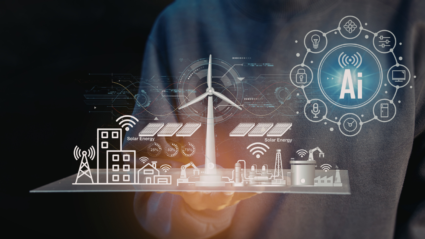 A person holding a futuristic holographic display that illustrates AI integration in business functions, featuring symbols for renewable energy management, smart city infrastructure, and industrial automation