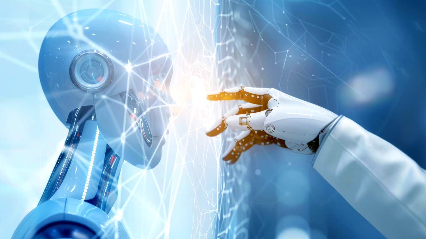 Close-up of a blue humanoid robot face and a mechanical hand reaching out to touch a glowing web of digital connections