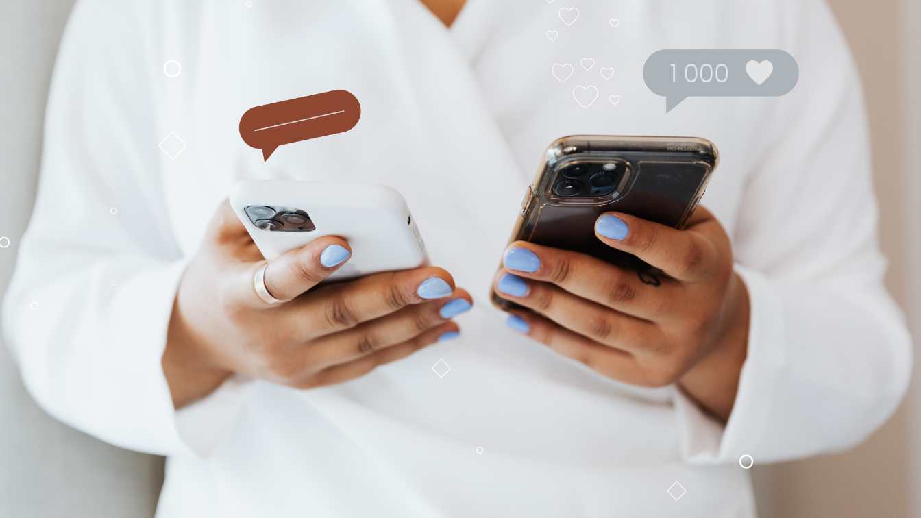 A person wearing a white shirt holds two smartphones side by side. Digital graphics float above the screens, showing a brown comment bubble icon and a grey notification displaying 1000 likes. The visual perfectly represents the instant social media interactions and rapid digital growth achieved through publishing real time content.