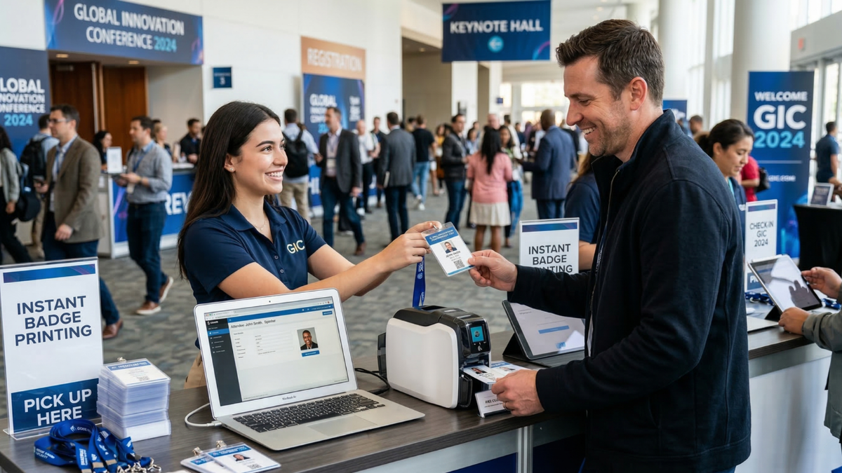 Event registration counter using instant badge printing technology to quickly produce badges for international conference attendees.