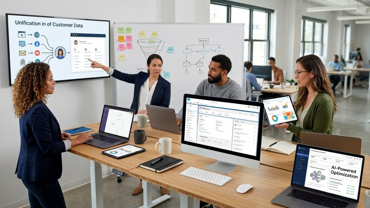 Marketing team collaborating in a modern office using MarTech (Marketing Technology) dashboards, customer data platform, marketing automation tools, and digital analytics for data-driven marketing strategy.