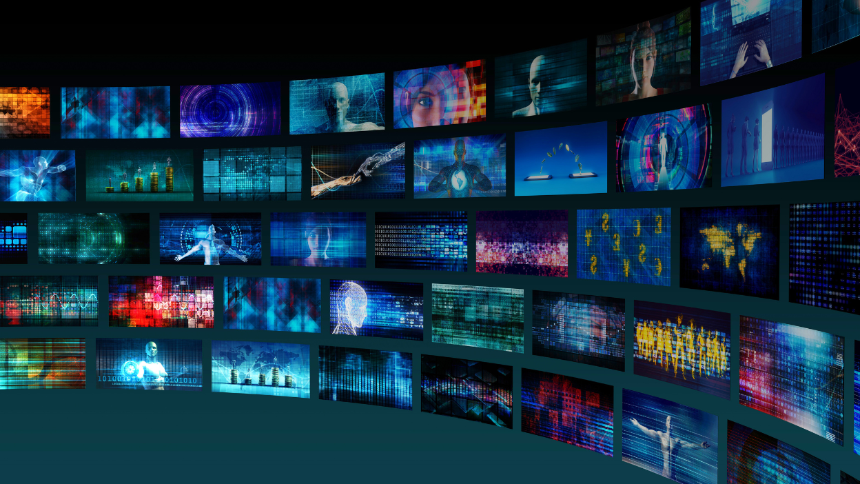 Digital media wall displaying multiple data screens representing MarTech (Marketing Technology), big data analytics, AI-driven marketing insights, and digital marketing technology ecosystem.