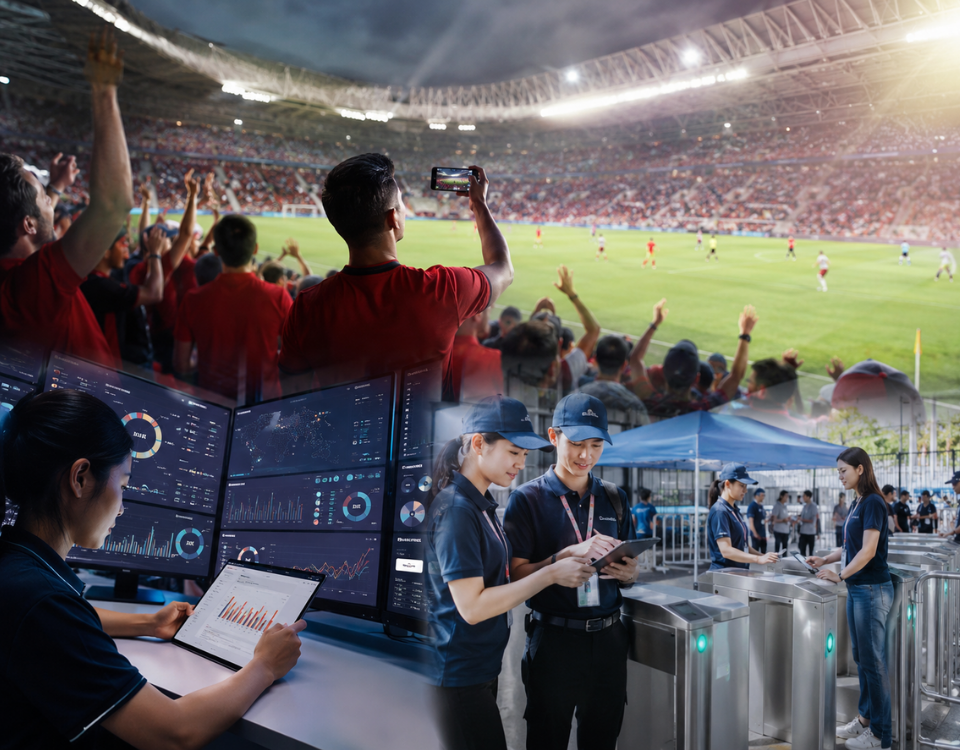 A packed outdoor sports stadium filled with cheering fans during a live match, while event staff use digital dashboards, tablets, and smart access gates to manage operations efficiently. The image highlights a modern, technology-driven sports event with seamless logistics, real-time analytics, and enhanced fan engagement in a realistic professional setting.