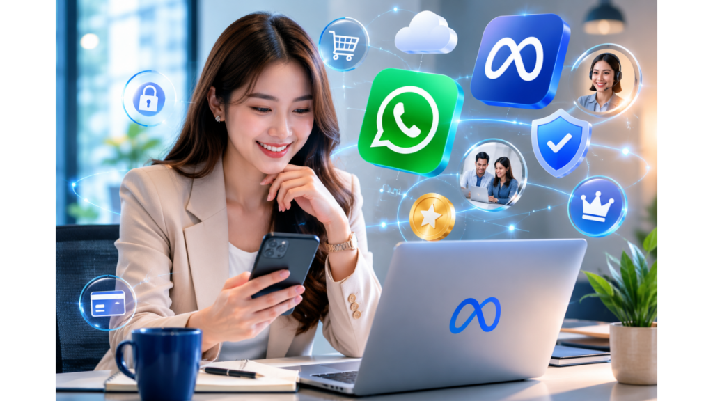 A professional young businesswoman smiling while using a smartphone and laptop in a modern office, surrounded by floating Meta and WhatsApp-inspired subscription and digital service icons, representing premium communication, security, and online business features in a futuristic corporate environment.