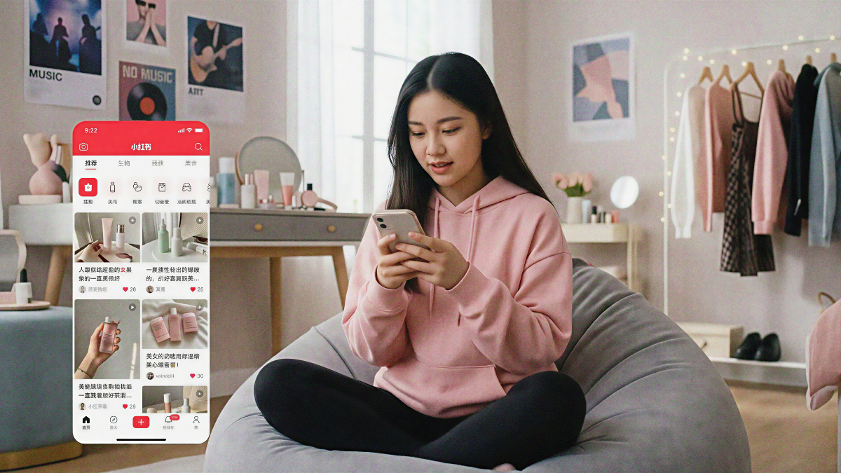 A woman using a smartphone next to a digital overlay of the Little Red Book app, showcasing influencer "seeding" content and autumn fashion trends.