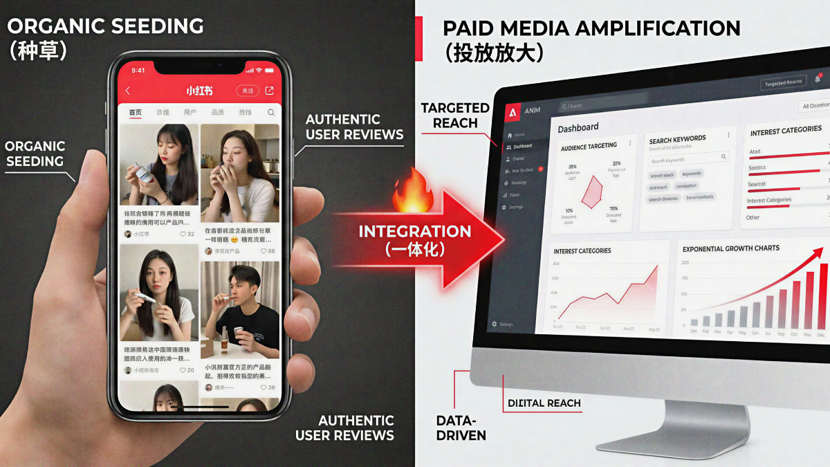 An infographic titled "Seeding Strategies on Little Red Book" illustrating the integration of organic and paid content. On the left, a hand holds a smartphone showing the Little Red Book (Xiaohongshu) interface with authentic user reviews, labeled "Organic Seeding". A large red arrow with a fire icon labeled "Integration" points toward a computer monitor on the right. The monitor displays a data dashboard with "Paid Media Amplification," featuring audience targeting, interest categories, and an exponential growth chart.