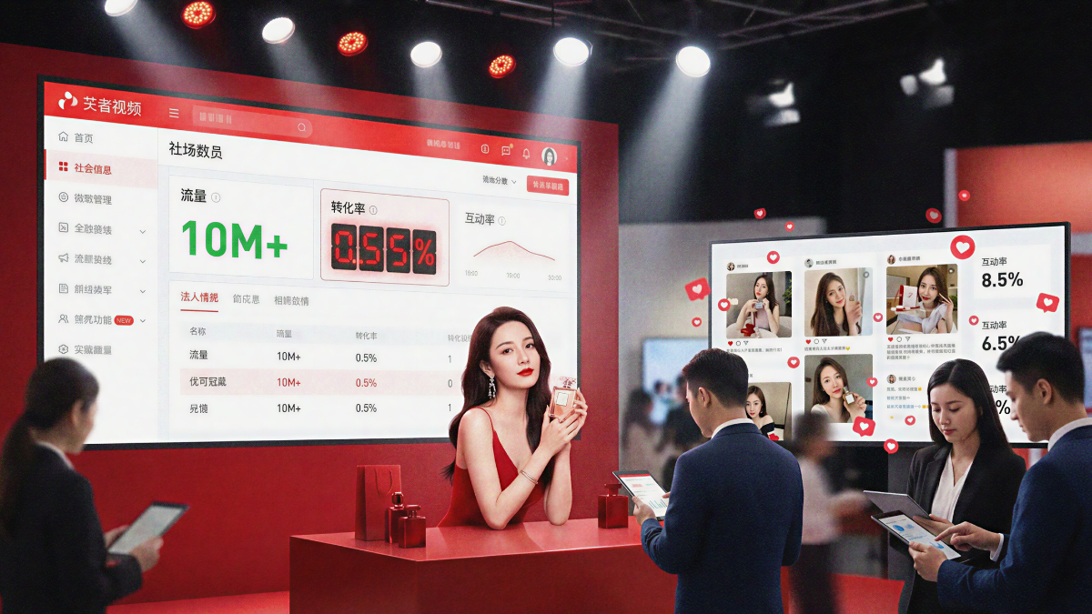 A high-tech marketing command center setting. A large digital backdrop displays real-time campaign analytics including "10M+" traffic and conversion rates. In the foreground, a professional influencer in a red dress poses with a product. To the side, a vertical screen displays social media posts with high engagement rates (8.5%), while marketing professionals in suits monitor the data on tablets. The image represents the scale and professional execution of a successful Little Red Book seeding campaign.