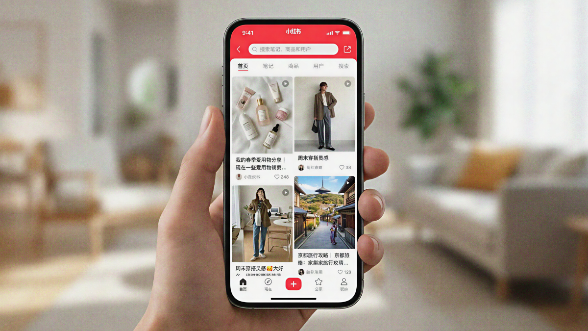 A close-up of a hand holding a smartphone in a blurred living room setting. The screen shows the Little Red Book (Xiaohongshu) discovery feed, featuring "seeding" posts for skincare products, fashion outfits, and travel photography. This highlights the native, authentic look of organic content that drives user interest and sales growth.