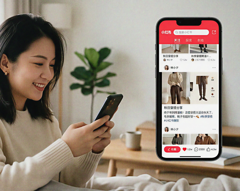 A lifestyle image representing Little Red Book seeding strategies. It shows a user interacting with her phone alongside a UI mockup of the Xiaohongshu feed, highlighting trending fashion content, likes, and comments that drive real sales growth through social commerce.