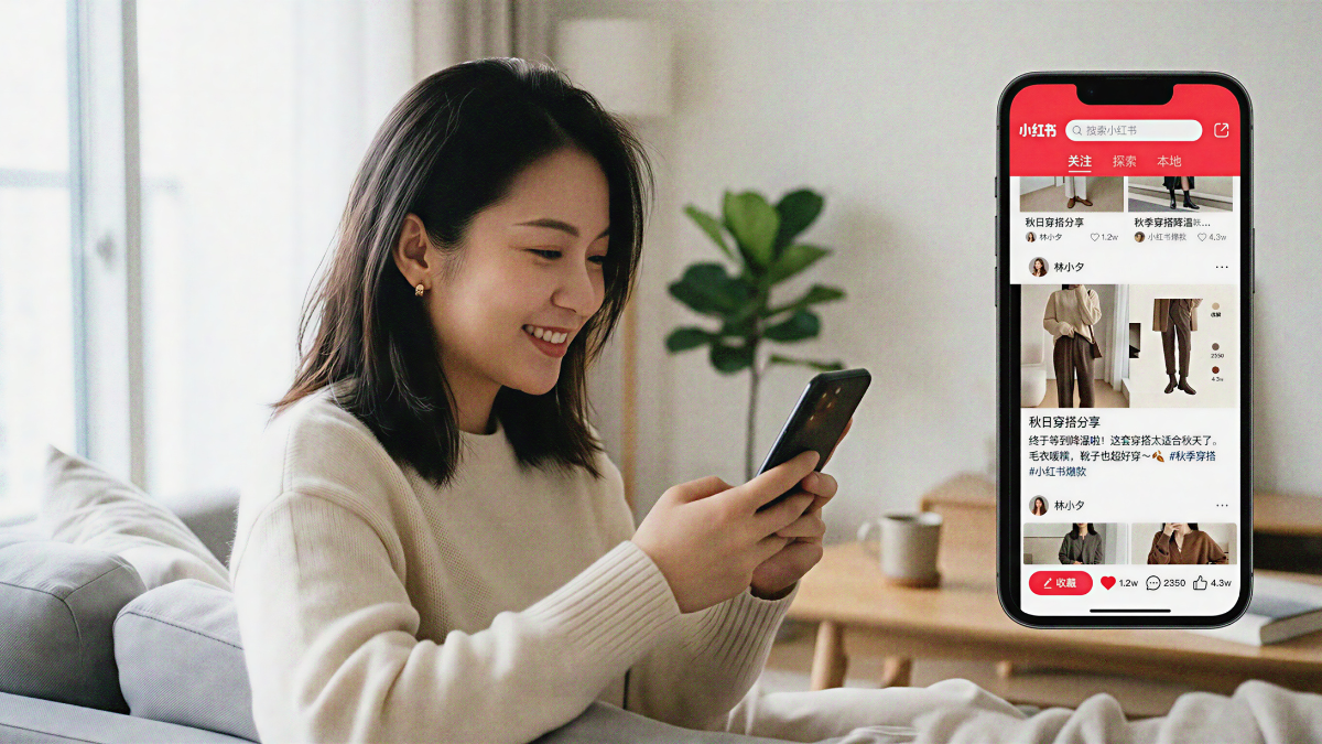A lifestyle image representing Little Red Book seeding strategies. It shows a user interacting with her phone alongside a UI mockup of the Xiaohongshu feed, highlighting trending fashion content, likes, and comments that drive real sales growth through social commerce.
