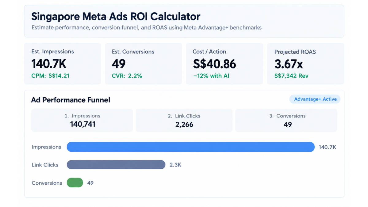 Singapore Meta Ads ROI Calculator dashboard showing estimated impressions, conversions, cost per action, projected ROAS, and an ad performance funnel using Meta Advantage+ benchmarks.