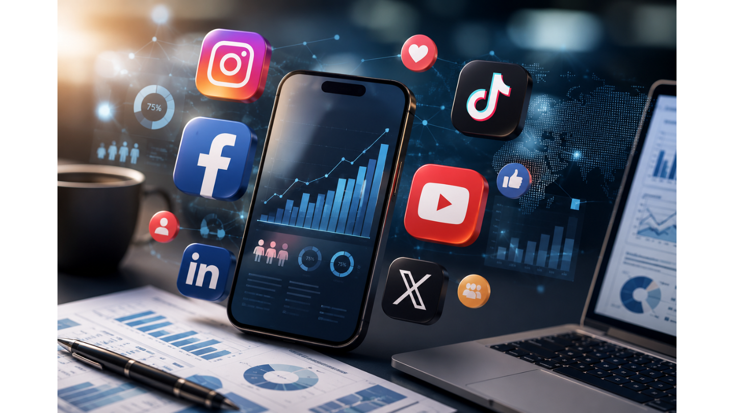 Professional digital marketing workspace featuring a smartphone with Social Media Stats, business reports, and leading social media platform icons, representing data-driven marketing strategies for 2026.