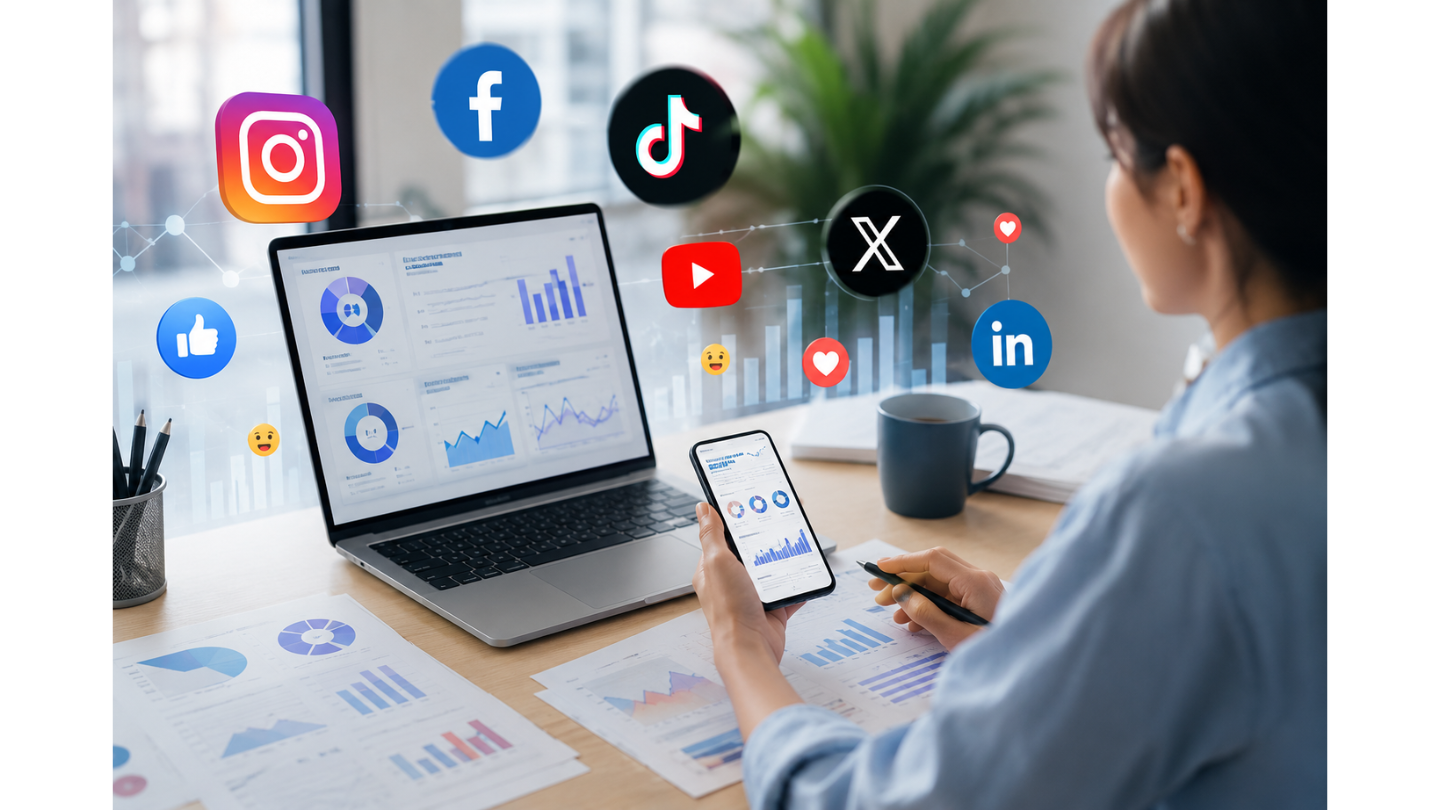 Modern digital marketing concept featuring a smartphone with analytics dashboards surrounded by major social media platform icons, symbolizing social media statistics, audience engagement, and consumer behavior trends in 2026.