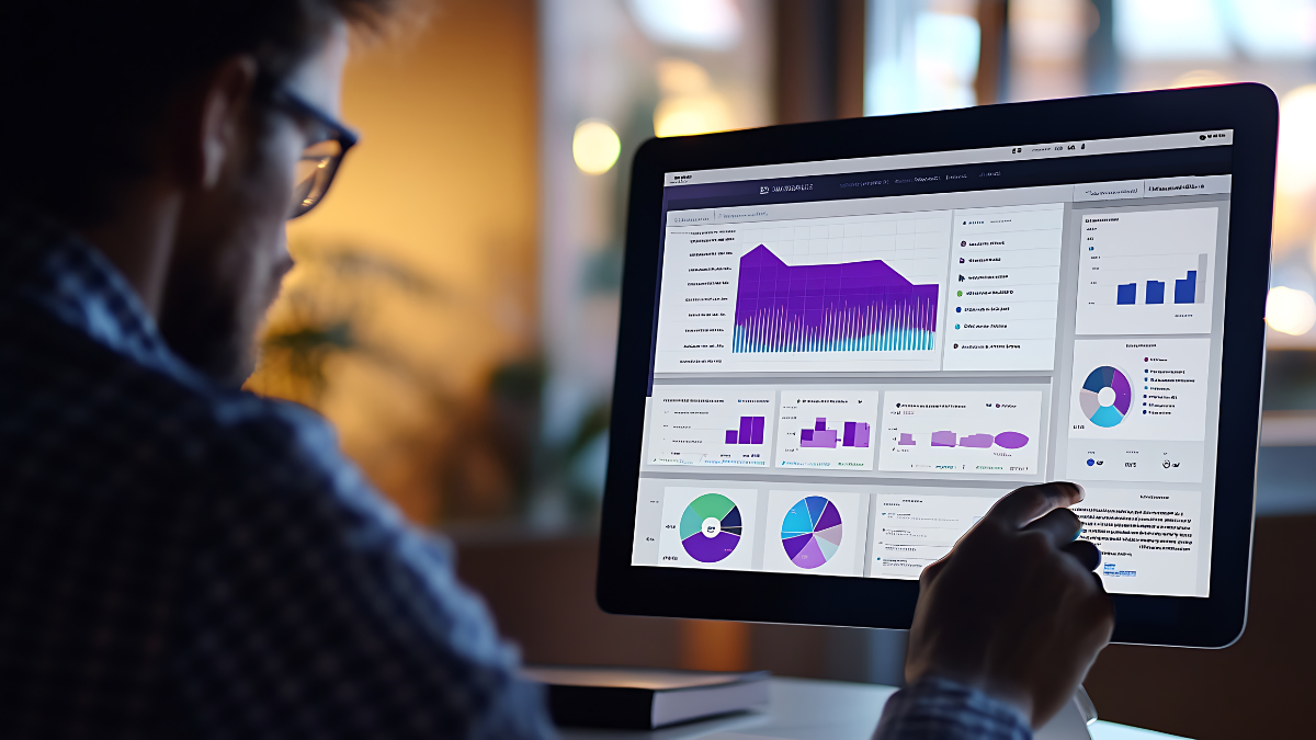Person interacting with an analytics dashboard on a computer screen, using charts and visual reports to transform spreadsheet data into impactful data storytelling.
