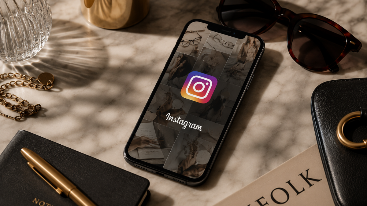 Luxury lifestyle workspace featuring a smartphone with Instagram, representing strategic storytelling for premium brand marketing.