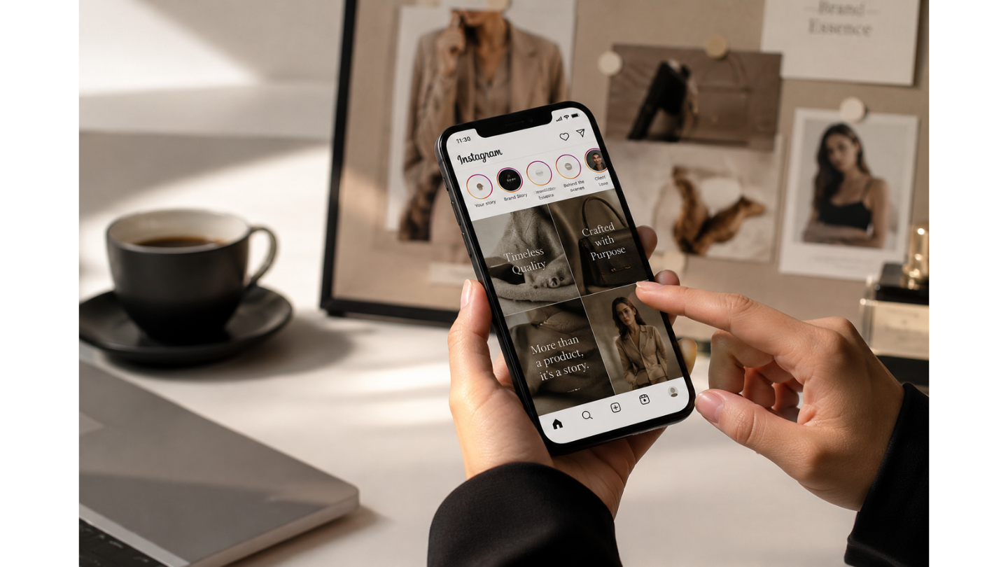 Person viewing a premium Instagram brand profile on a smartphone, showcasing visual storytelling and luxury brand credibility