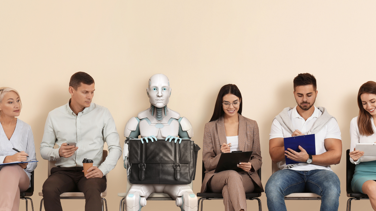 A robot holding a briefcase sitting in a row of humans, symbolizing the challenge of preserving authenticity and identifying Human Made value in an AI-driven digital marketplace.