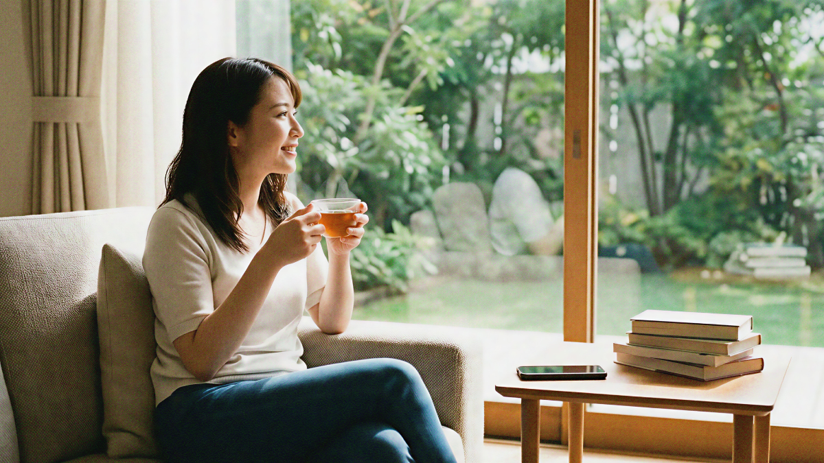 A serene indoor scene featuring a woman practicing a digital detox. She enjoys a quiet moment with tea, ignoring her phone on the table in favor of a view of green nature and physical books. The lighting is soft and natural, emphasizing a calm, tech-free lifestyle