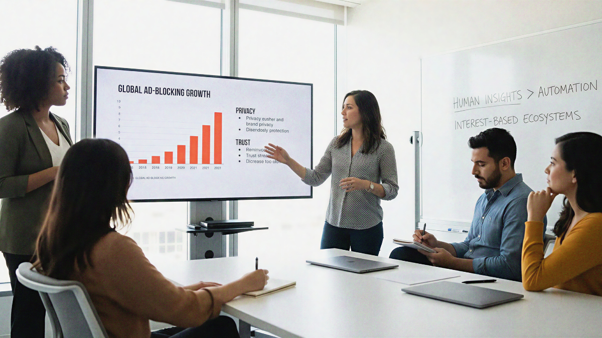 A professional presentation titled "Global Ad-Blocking Growth," showing a bar chart with an upward trend. A woman points to the screen while discussing "Privacy" and "Trust" with a diverse team in a bright office. A whiteboard in the background reads "Human Insights > Automation," highlighting a shift toward less intrusive marketing.