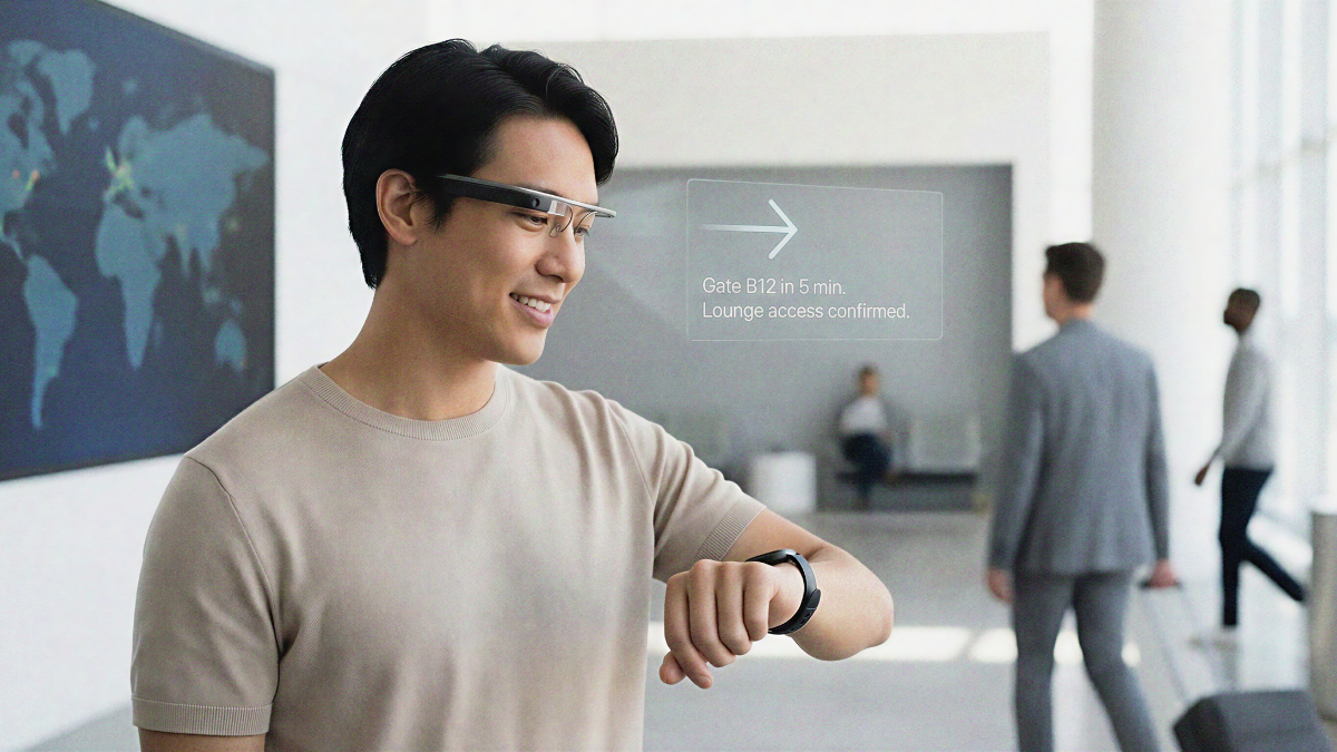 professional using wearable technology for seamless travel. The AR display provides essential flight updates, showcasing a future where brand interaction is helpful and integrated rather than distracting, aligning with a more balanced digital life.