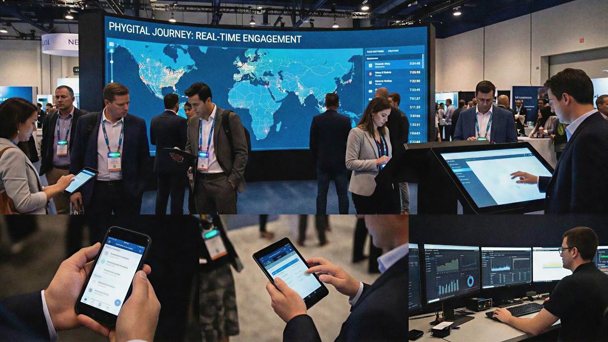 Professional event attendees engaging with high-tech interactive displays and mobile applications. The collage illustrates the concept of "Transforming Boring Events into Interactive Experiences" through data visualization, touch-screen kiosks, and backend technical monitoring.