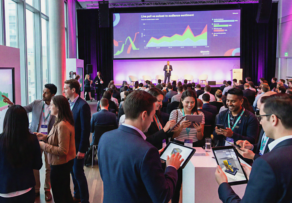 Interactive event hall featuring a Community Lab with live data dashboards, touchscreen kiosks, and collaborative tech zones. The image represents the shift from passive viewing to active, tech-enabled attendee participation in modern conferences.