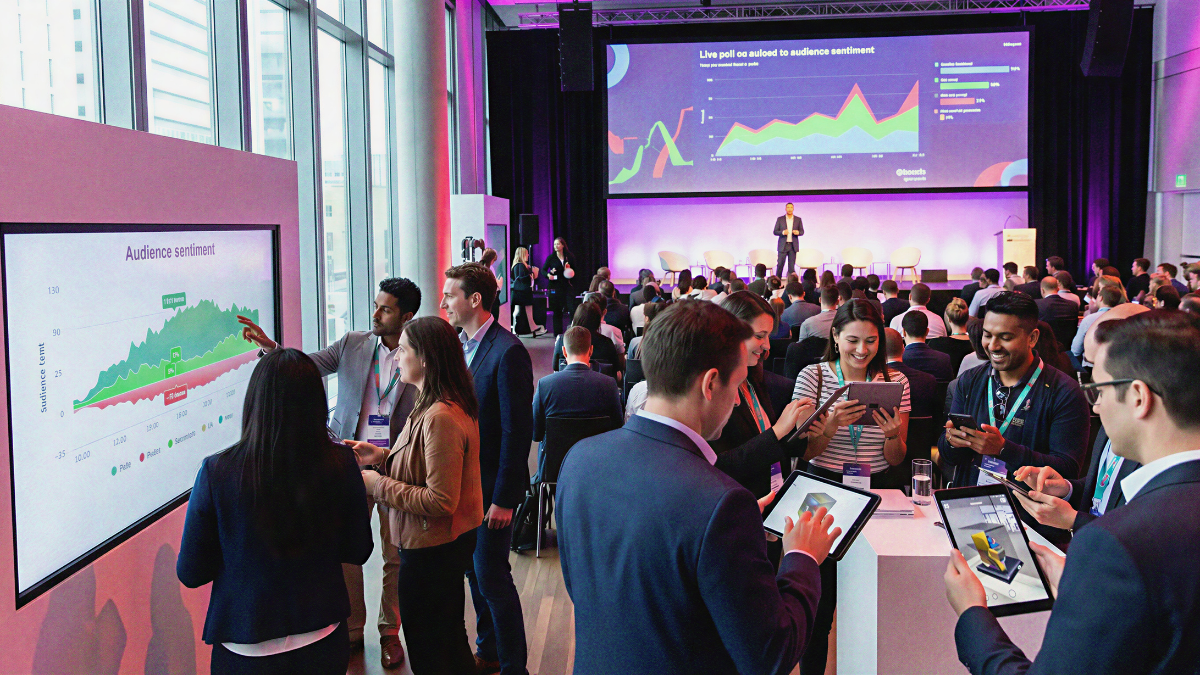Interactive event hall featuring a Community Lab with live data dashboards, touchscreen kiosks, and collaborative tech zones. The image represents the shift from passive viewing to active, tech-enabled attendee participation in modern conferences.