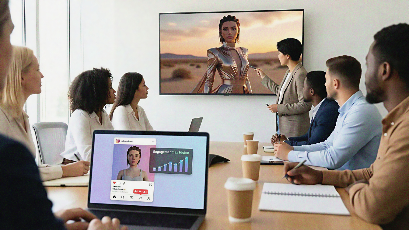 A professional business meeting in a bright conference room where a team is discussing the impact of Virtual Influencers. A woman stands by a large wall monitor presenting a high-fidelity, CGI-generated female avatar posed in a desert landscape wearing high-fashion gold attire. In the foreground, a laptop displays a social media interface of the same virtual character alongside a data chart showing "Engagement: 5x Higher." The image illustrates the growing debate over whether digital personas will eventually replace human models in the advertising industry.