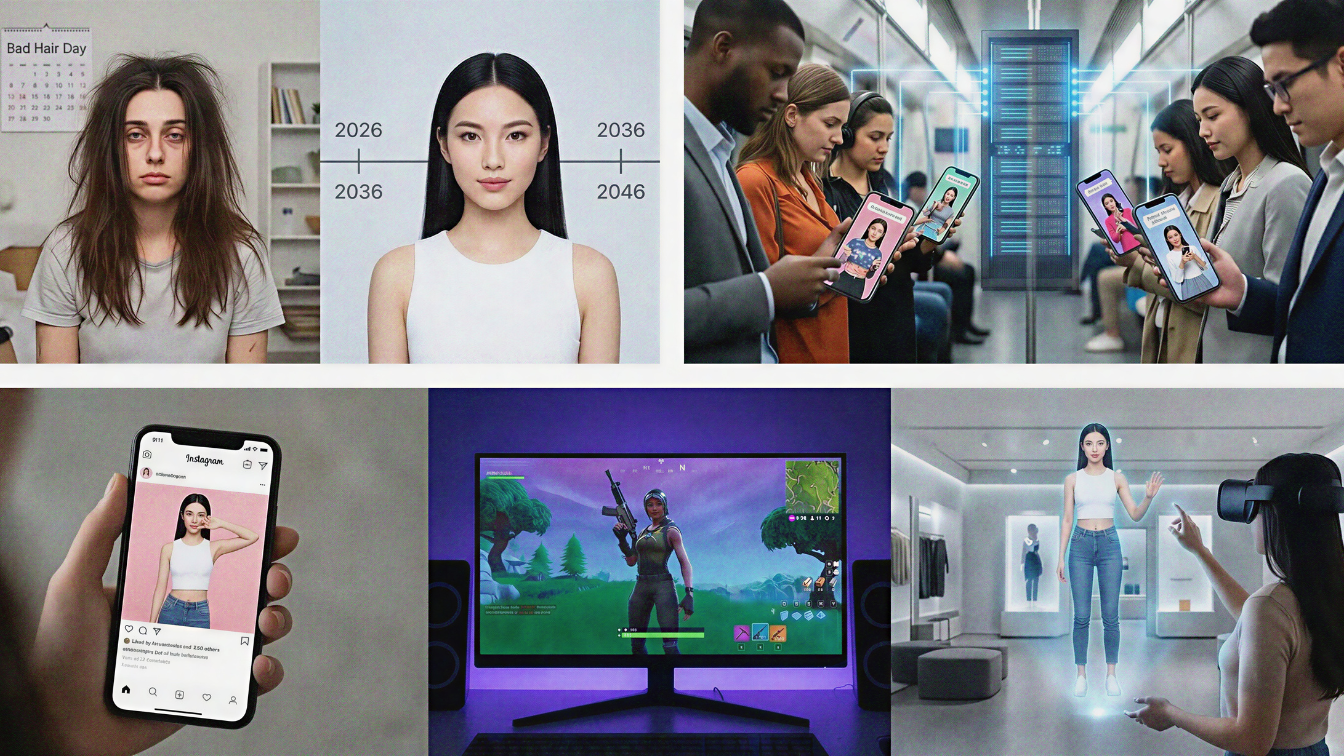 A collage of six images comparing the "human struggle" with the seamless utility of Virtual Influencers. Top-left shows a tired human woman with messy hair labeled "Bad Hair Day," contrasted with a flawless, ageless CGI influencer on a timeline spanning from 2026 to 2046. Other panels show commuters on a train interacting with digital personas on their phones, an Instagram post of a virtual model, a gaming character on a monitor, and a person using a VR headset to interact with a life-sized hologram of a virtual influencer in a retail setting.