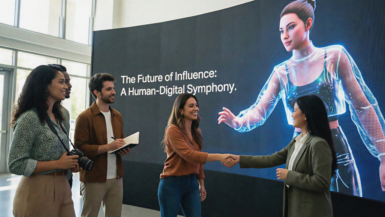 A group of young professionals, including a photographer and a writer, standing in front of a massive curved LED screen. The screen displays a glowing, hyper-realistic Virtual Influencer alongside the text: "The Future of Influence: A Human-Digital Symphony." Two women in the foreground are shaking hands, symbolizing a successful partnership between human creators and digital assets. The scene suggests a future where virtual personas do not replace humans, but rather act as a new medium for human creativity and business collaboration.