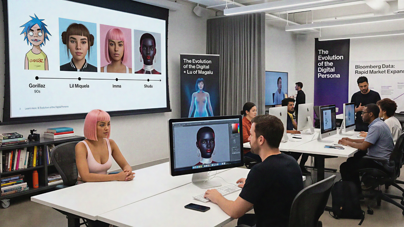 A modern digital design studio showing the collaborative process behind Virtual Influencers. A large projector screen displays a timeline titled "The Evolution of the Digital Persona," featuring pioneers like Gorillaz (90s), Lil Miquela, Imma, and Shudu. In the foreground, a real-life woman with pink hair—resembling the avatar "Imma"—sits across from a digital artist working on a high-resolution 3D model of Shudu on an iMac. The studio is filled with creative professionals, emphasizing that while these influencers are virtual, they are built by human talent using sophisticated software.